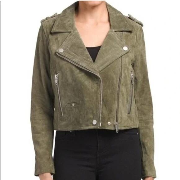 NWT SL8 Suede Olive Green Leather Moto Jacket Size Medium - Picture 3 of 5